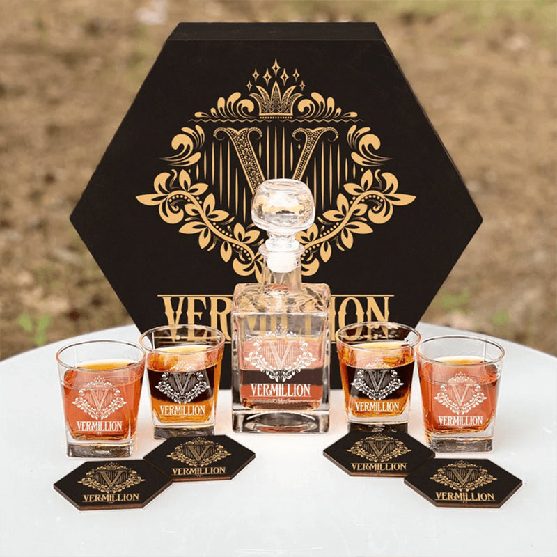 VERMILLION - WHISKEY SET (Wooden box + Decanter + 4 Glasses + 4 Coasters)