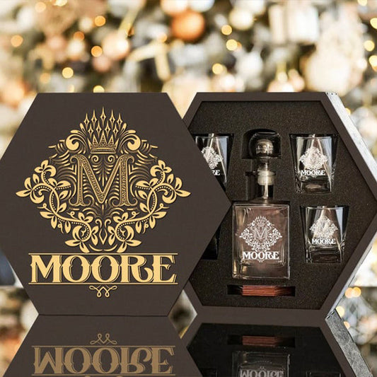 MOORE - WHISKEY SET (Wooden box + Decanter + 4 Glasses + 4 Coasters)