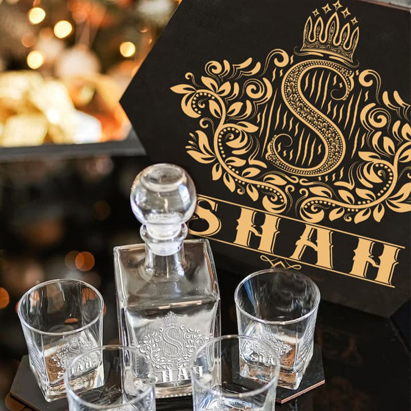 SHAH - WHISKEY SET (Wooden box + Decanter + 4 Glasses + 4 Coasters)