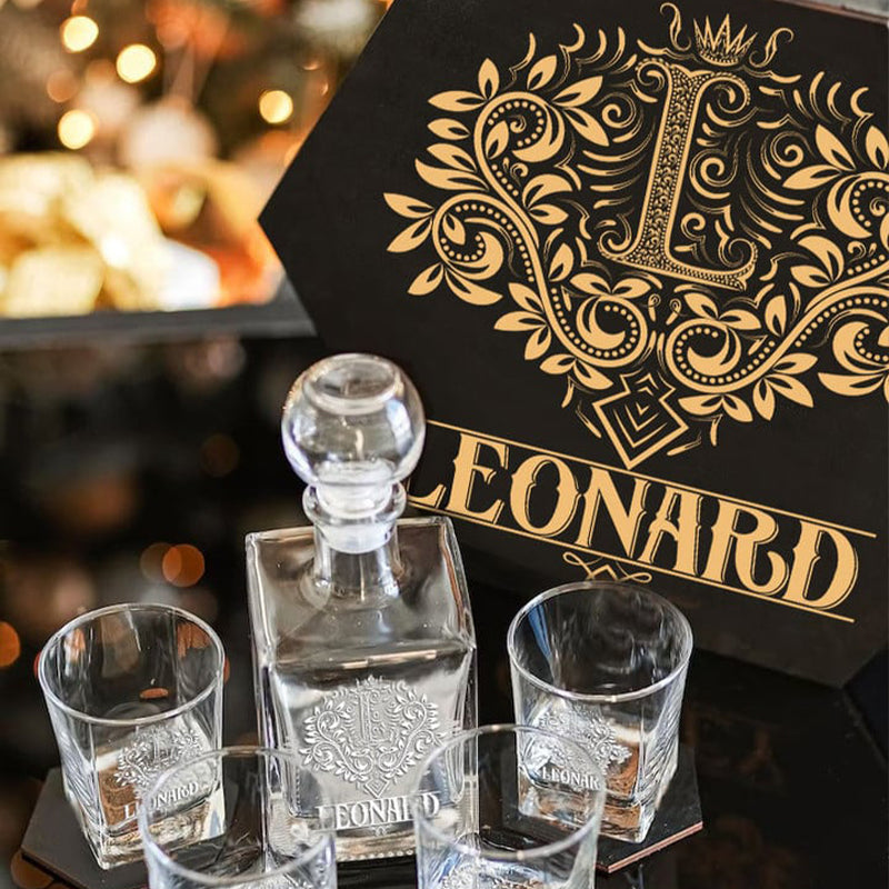 LEONARD - WHISKEY SET (Wooden box + Decanter + 4 Glasses + 4 Coasters)