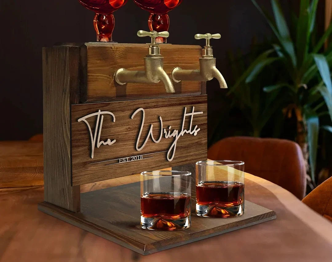 Custom Engraved Wooden Double Faucet Liquor Dispenser