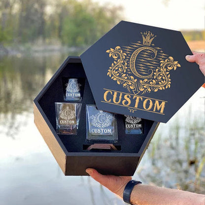 Custom Name - Whiskey Set (Wooden Box + Decanter + 4 Glasses + 4 Coasters), Bourbon Whiskey Collectibles