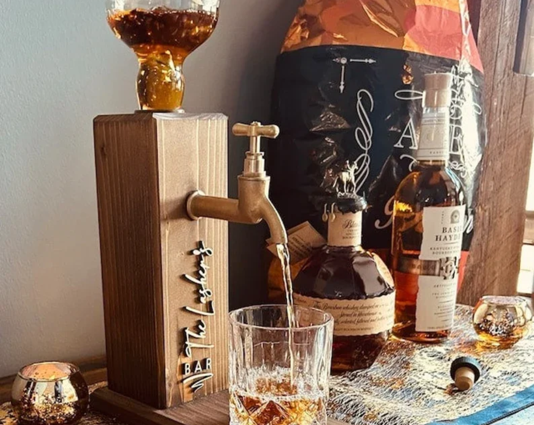 Personalized Wooden Whiskey Dispenser and Coasters Set, Perfect for Serving Wine, Vodka, and Liquor.