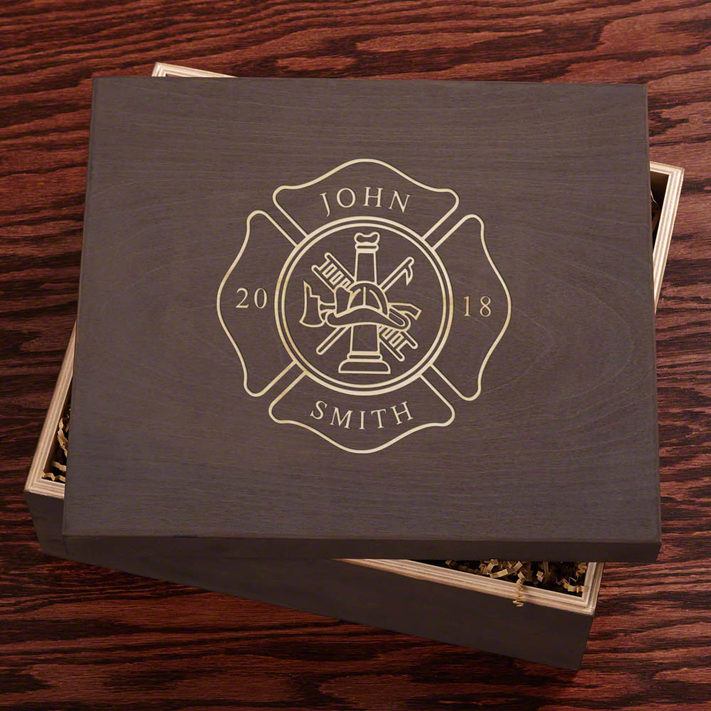 Firefighter Custom Beer Set with Engraved Wood Gift Box