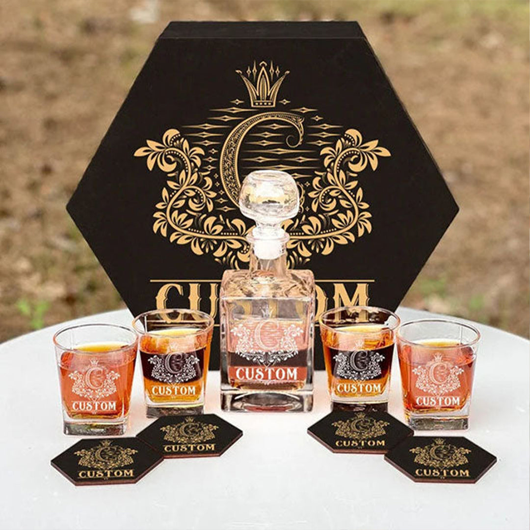 CUSTOM NAME - WHISKEY SET (Wooden box + Decanter + 4 Glasses + 4 Coasters), BOURBON WHISKEY, CHRISTMAS GIFT, Custom Company Logo Set