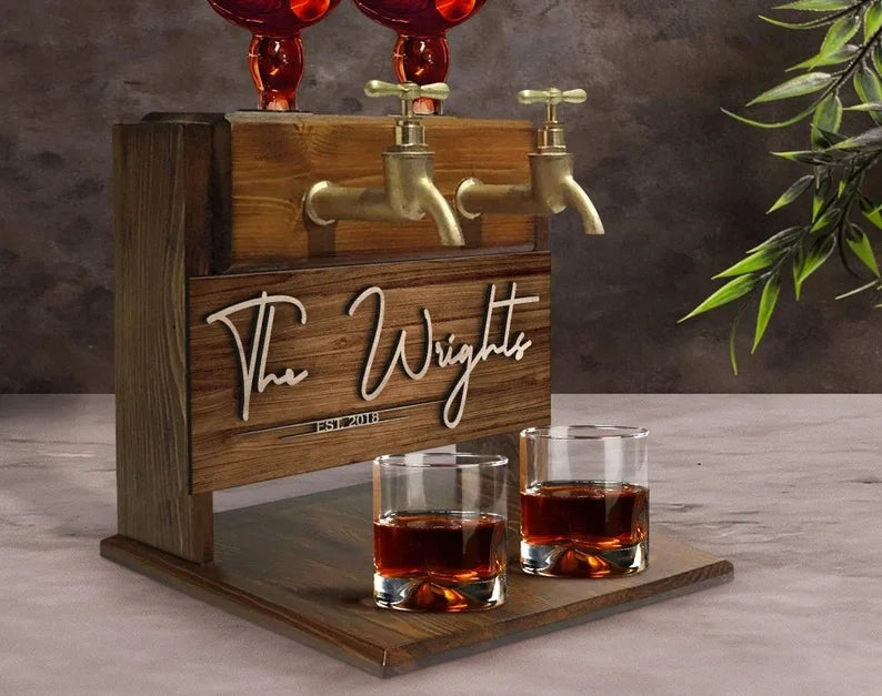 Custom Engraved Wooden Double Faucet Liquor Dispenser