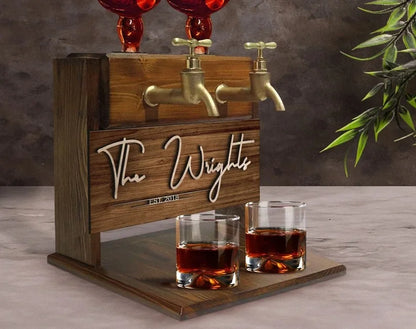 Custom Engraved Wooden Double Faucet Liquor Dispenser