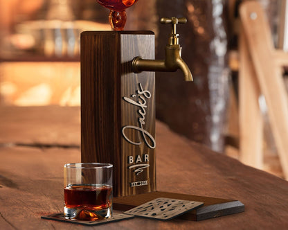 Personalized Wooden Whiskey Dispenser and Coasters Set, Perfect for Serving Wine, Vodka, and Liquor.