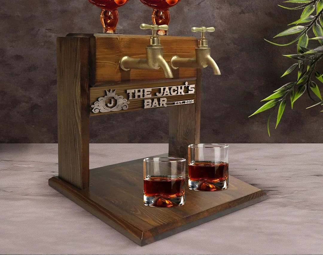 Personalized Embossed Named Wooden Double Faucet Liquor Dispenser