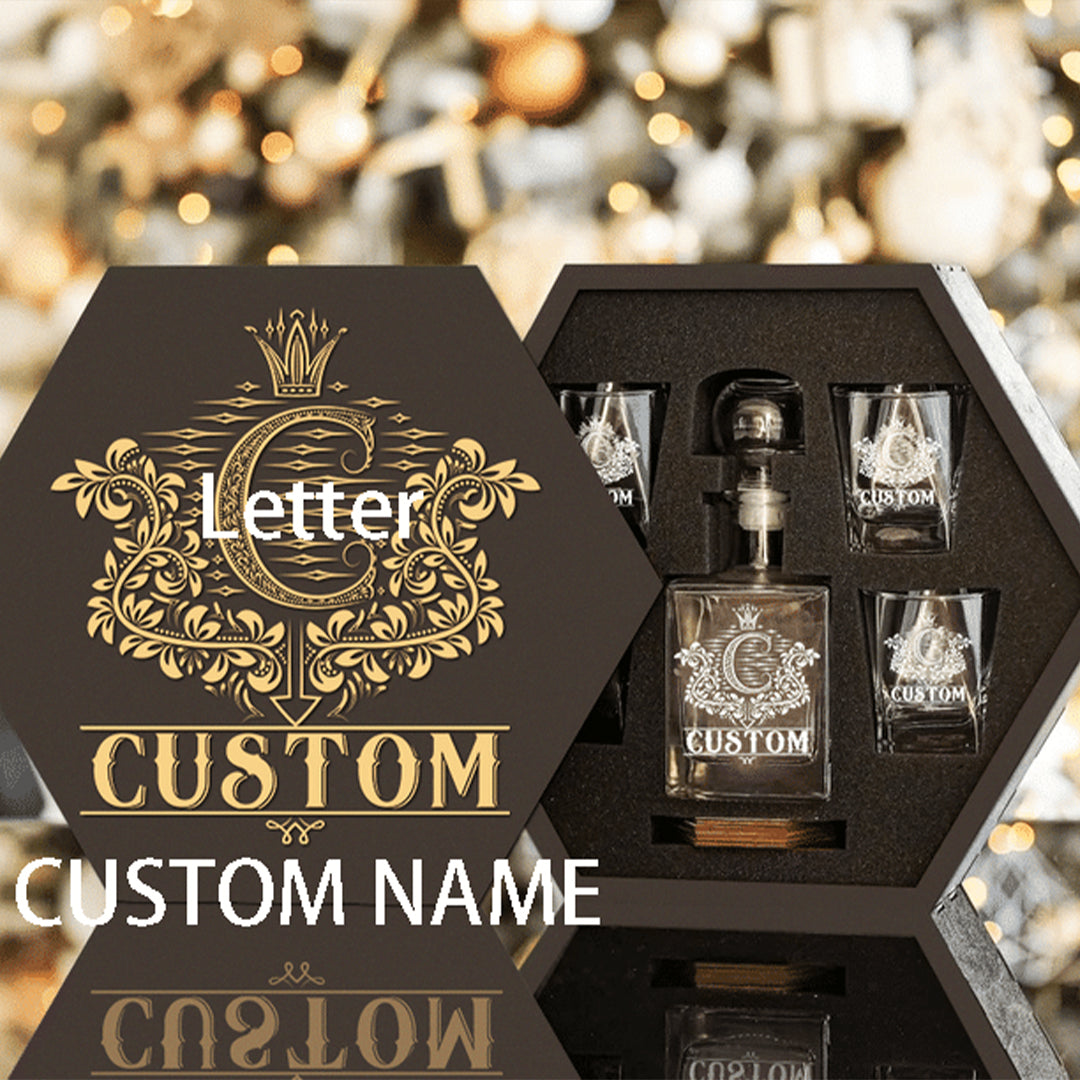 CUSTOM NAME - WHISKEY SET (Wooden box + Decanter + 4 Glasses + 4 Coasters), BOURBON WHISKEY, CHRISTMAS GIFT, Custom Company Logo Set