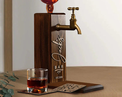 Personalized Wooden Whiskey Dispenser and Coasters Set, Perfect for Serving Wine, Vodka, and Liquor.