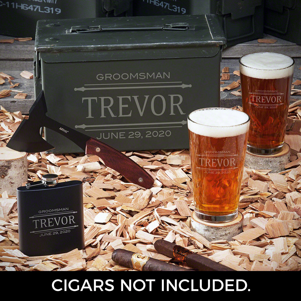 Personalized 50 Cal Ammo Can & Hatchet - 5pc Beer Gift Set for Men