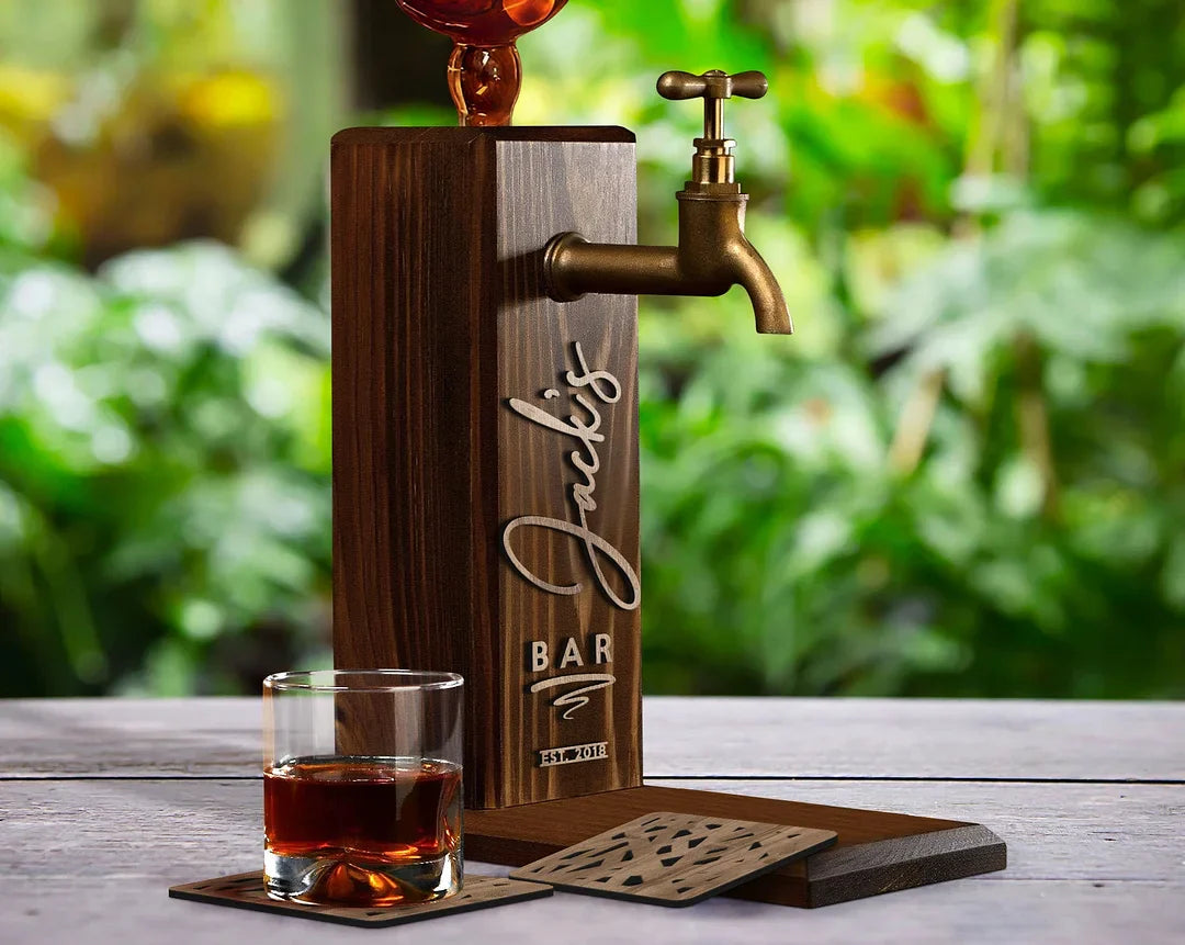 Personalized Wooden Whiskey Dispenser and Coasters Set, Perfect for Serving Wine, Vodka, and Liquor.