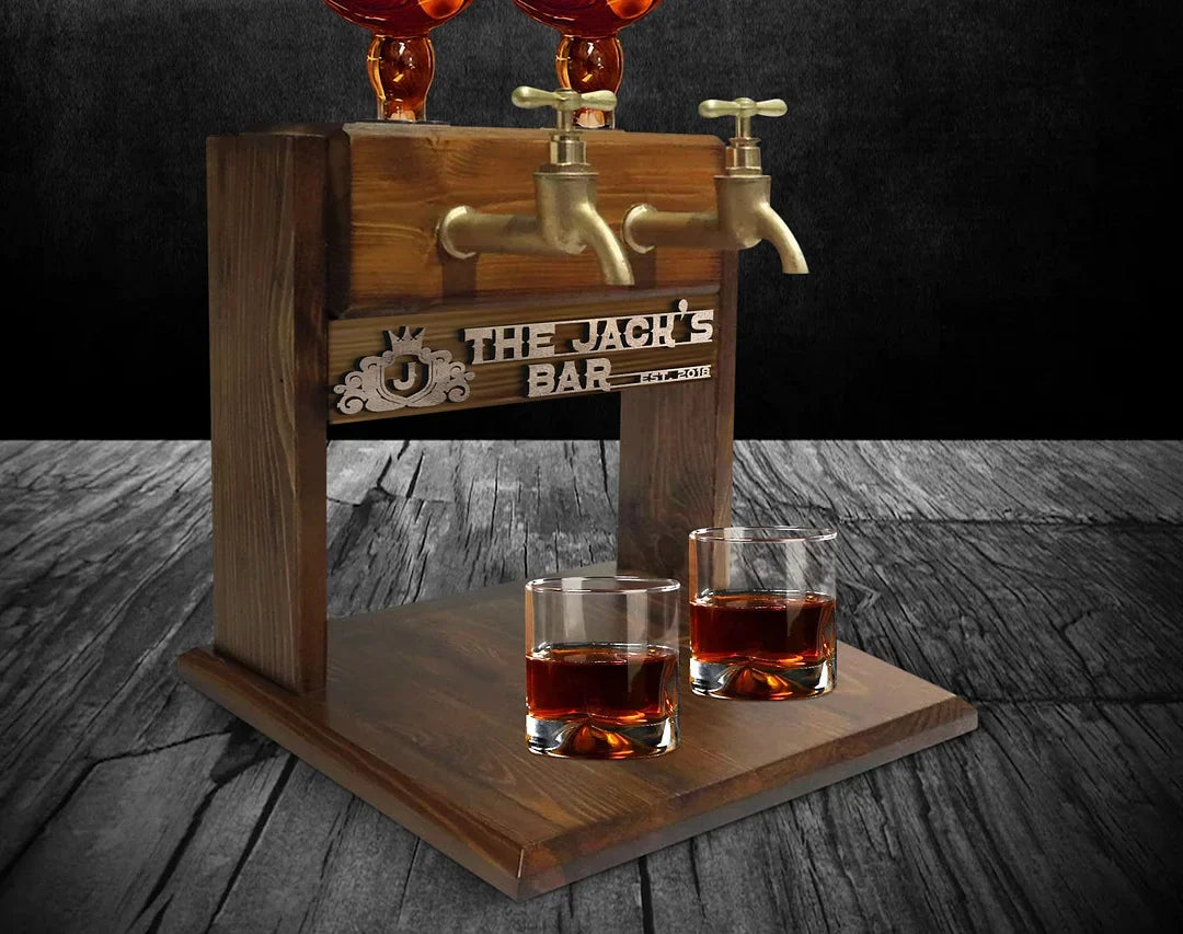 Personalized Embossed Named Wooden Double Faucet Liquor Dispenser