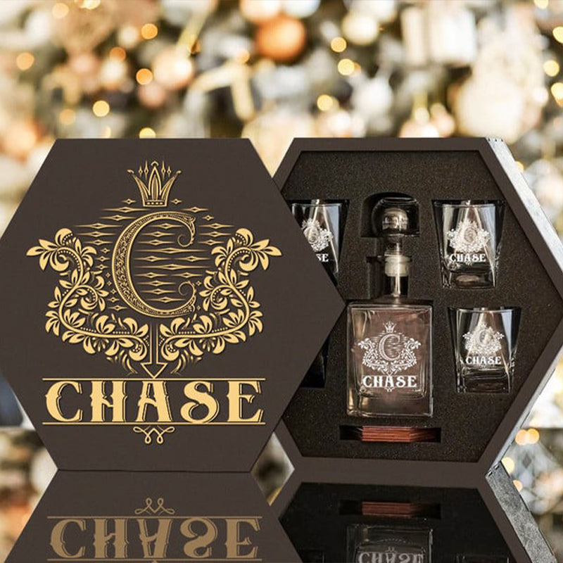 CHASE - WHISKEY SET (Wooden box + Decanter + 4 Glasses + 4 Coasters)