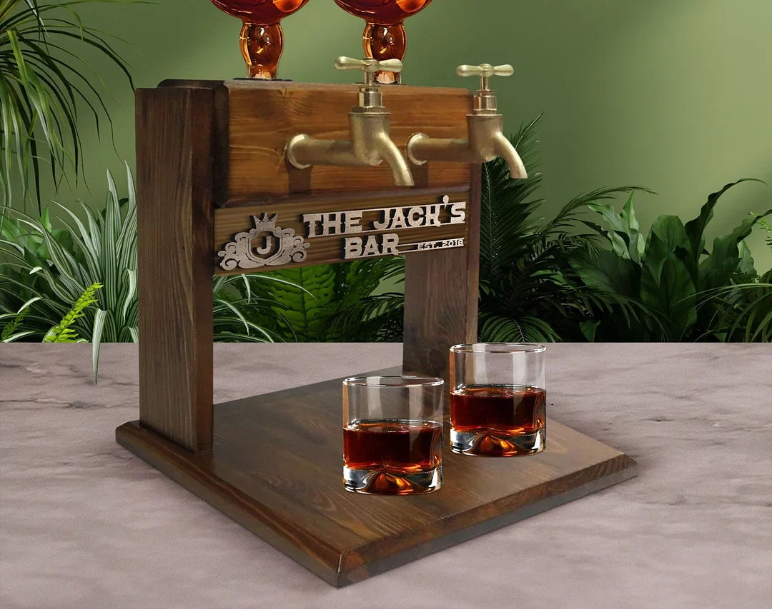 Personalized Embossed Named Wooden Double Faucet Liquor Dispenser