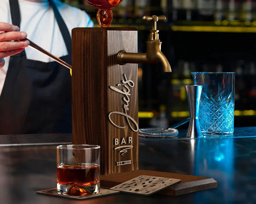 Personalized Wooden Whiskey Dispenser and Coasters Set, Perfect for Serving Wine, Vodka, and Liquor.