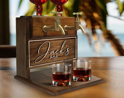 Personalized Wooden Double Faucet Whiskey Dispenser