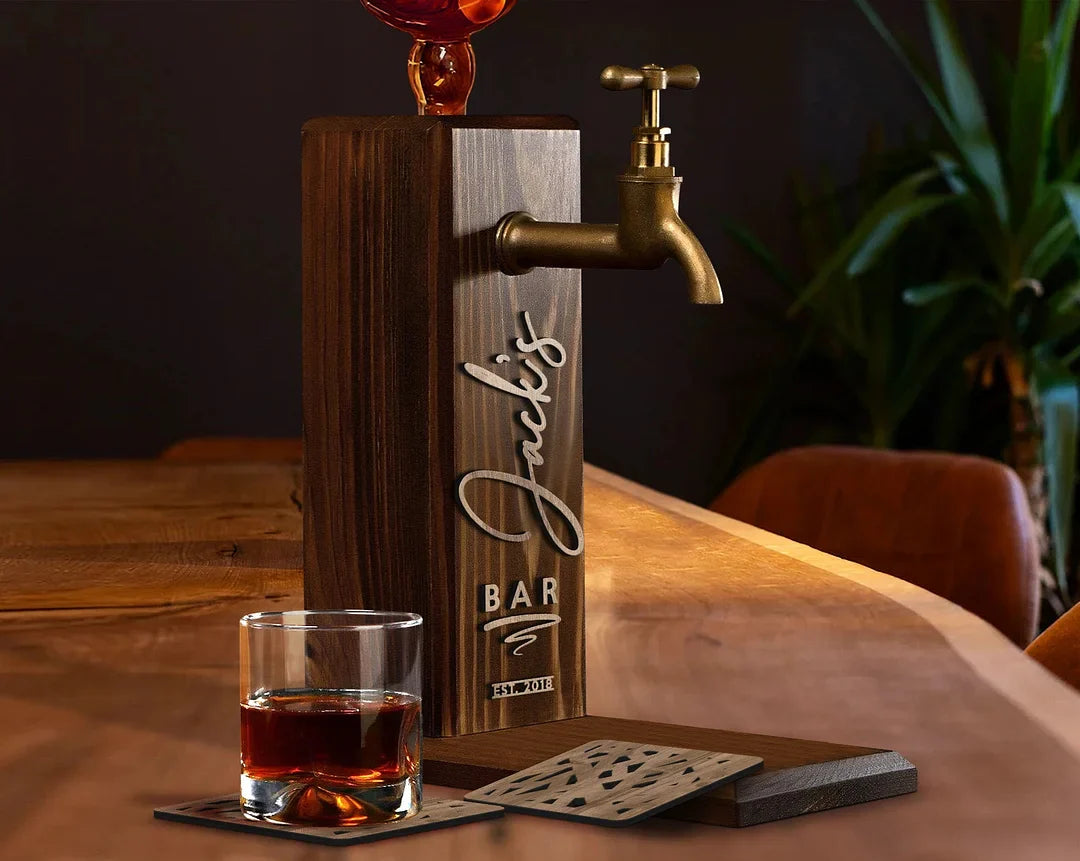 Personalized Wooden Whiskey Dispenser and Coasters Set, Perfect for Serving Wine, Vodka, and Liquor.