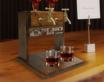 Personalized Embossed Named Wooden Double Faucet Liquor Dispenser