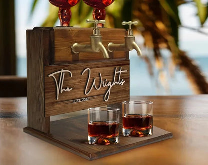 Custom Engraved Wooden Double Faucet Liquor Dispenser