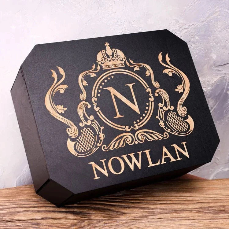 NOWLAN - WHISKEY SET (WOODEN BOX + DECANTER + 4 GLASSES + 4 COASTERS)