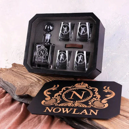 NOWLAN - WHISKEY SET (WOODEN BOX + DECANTER + 4 GLASSES + 4 COASTERS)