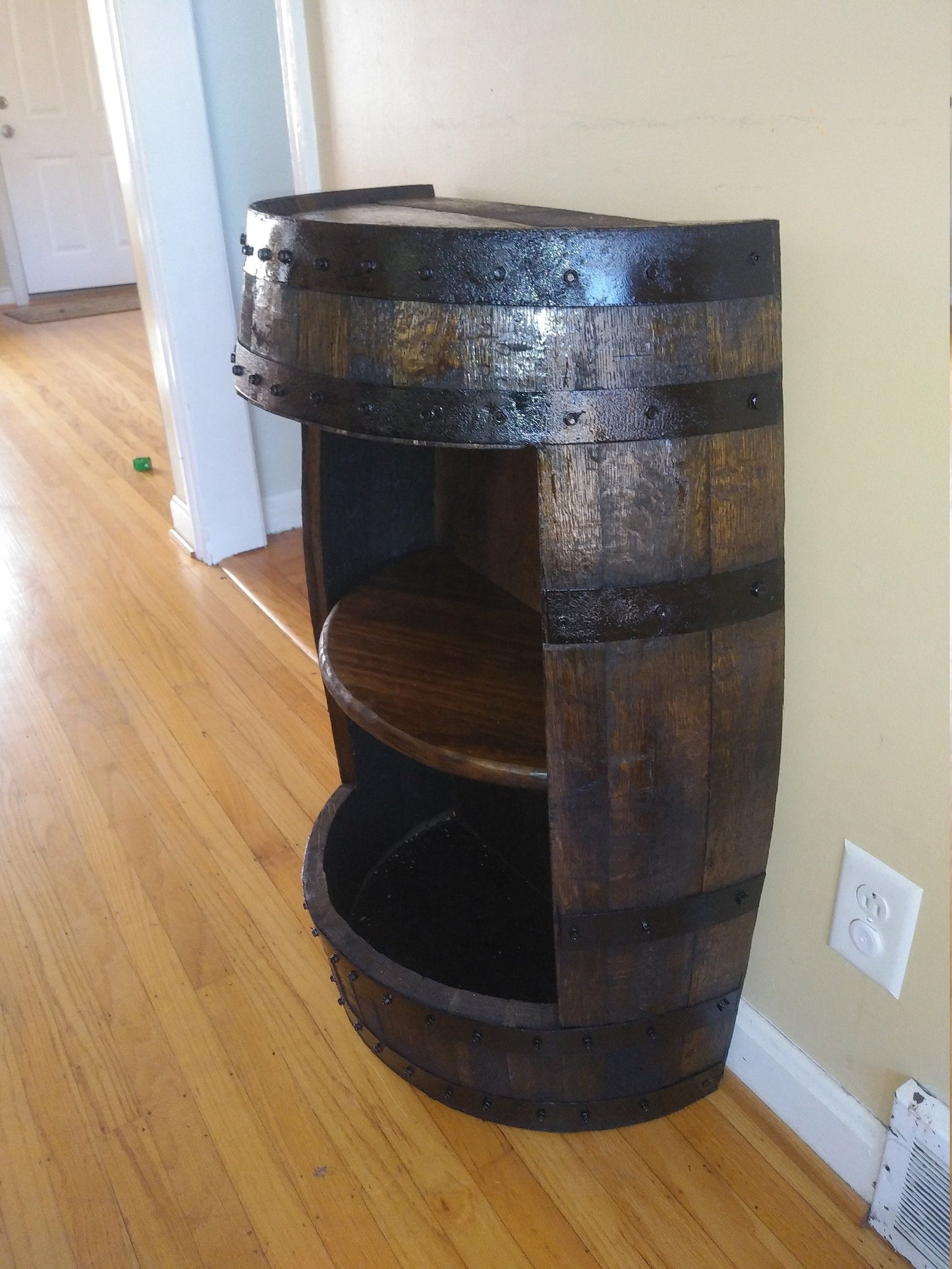 Half Barrel Display, whiskey barrel cabinet, bourbon barrel cabinet,half barrel cabinet