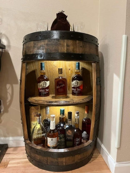 Half Barrel Display, whiskey barrel cabinet, bourbon barrel cabinet,half barrel cabinet