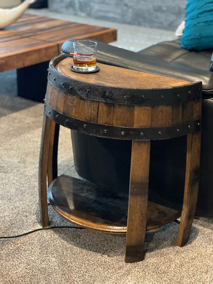 Half whiskey barrel side table, barrel side table, whiskey barrel end table