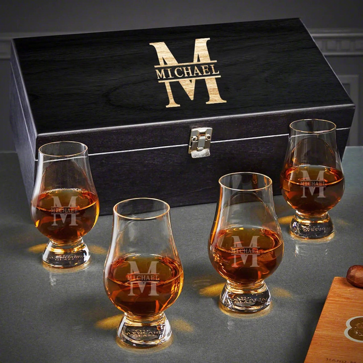 Custom Glencairn Glasses and Gift Box Set - Engraved Whiskey Snifters , Glencairn Whiskey Glasses