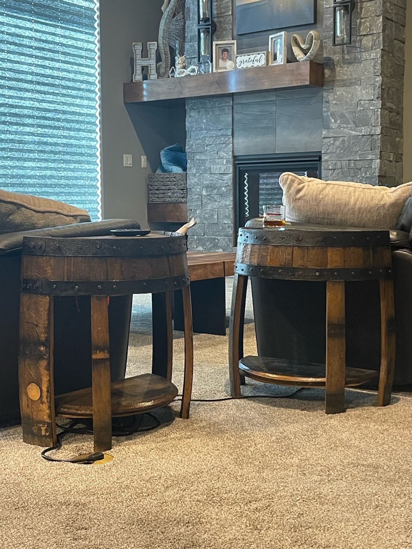 Half whiskey barrel side table, barrel side table, whiskey barrel end table