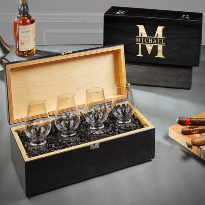 Custom Glencairn Glasses and Gift Box Set - Engraved Whiskey Snifters , Glencairn Whiskey Glasses