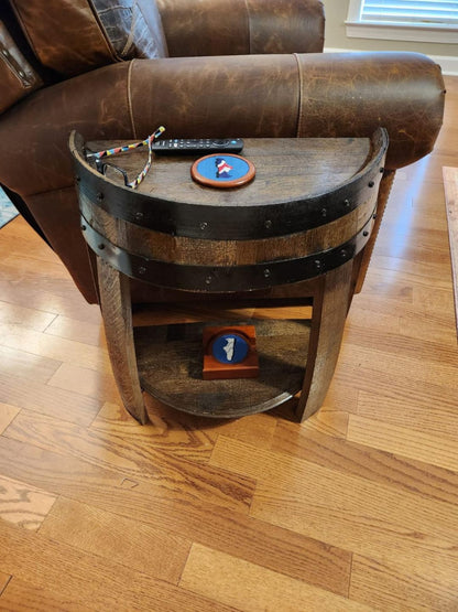 Half whiskey barrel side table, barrel side table, whiskey barrel end table