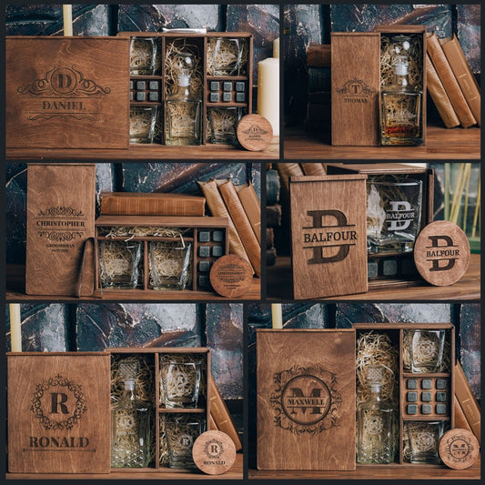 Whiskey Decanter Set, Personalized Whiskey Glasses,  Engraved Wooden Gift Box