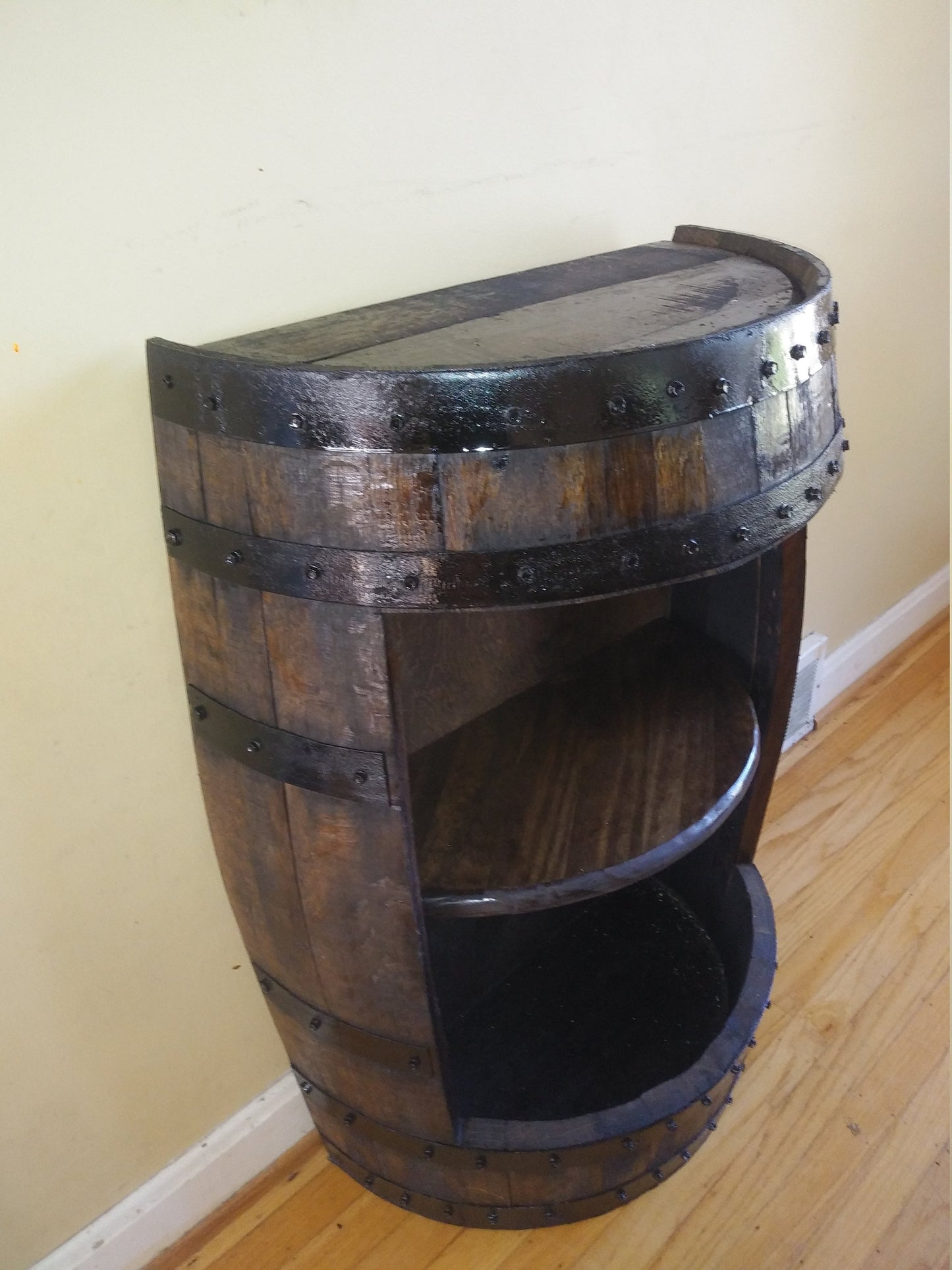 Half Barrel Display, whiskey barrel cabinet, bourbon barrel cabinet,half barrel cabinet