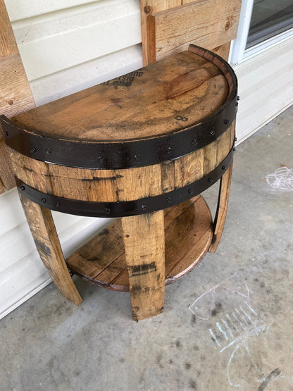 Half whiskey barrel side table, barrel side table, whiskey barrel end table