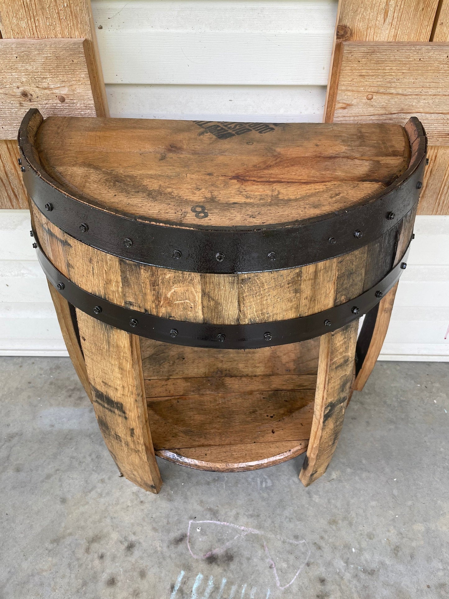 Half whiskey barrel side table, barrel side table, whiskey barrel end table