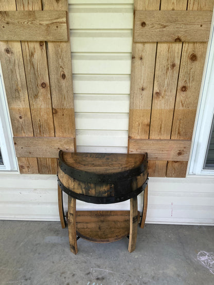 Half whiskey barrel side table, barrel side table, whiskey barrel end table