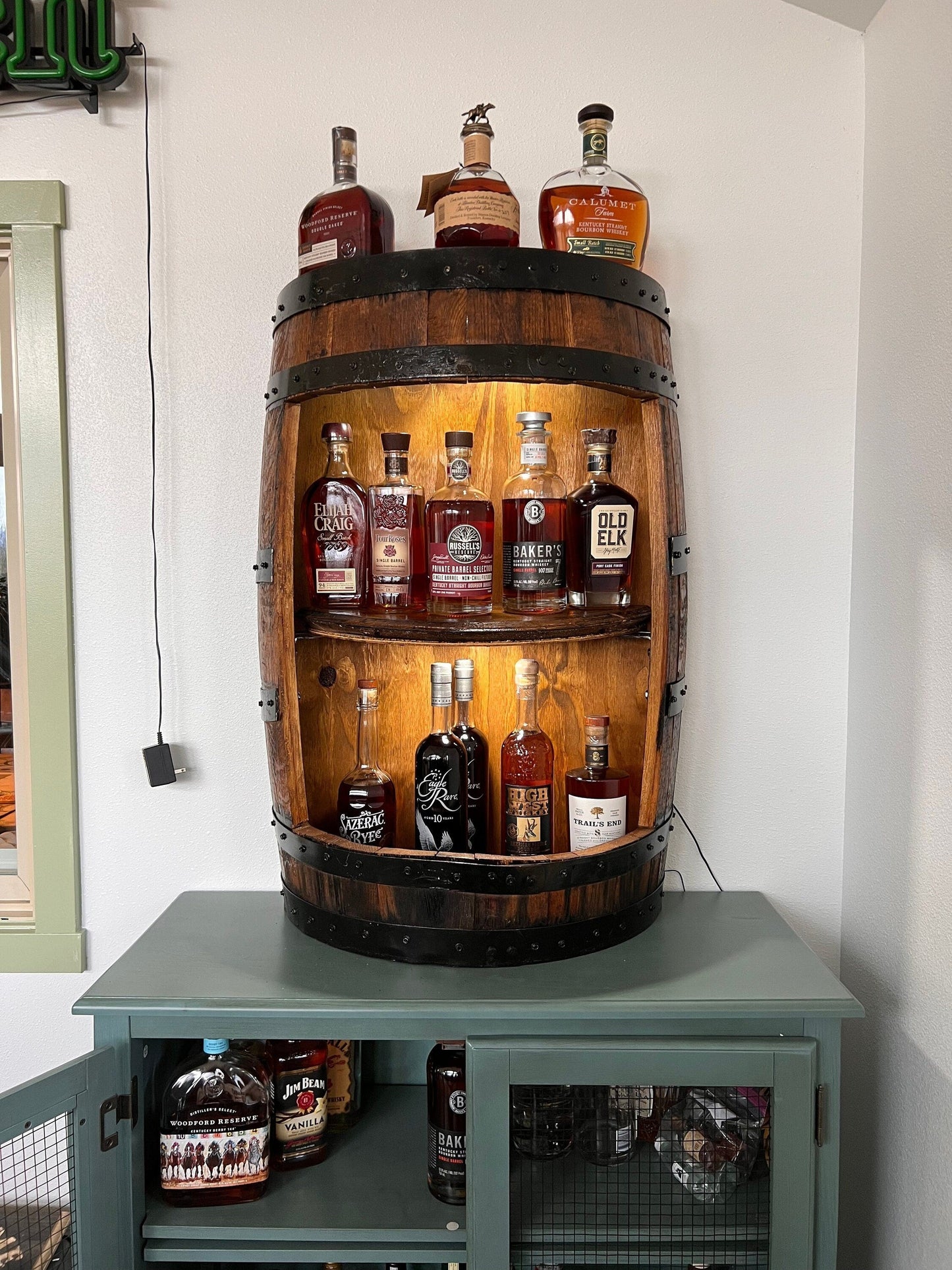 Half Barrel Display, whiskey barrel cabinet, bourbon barrel cabinet,half barrel cabinet