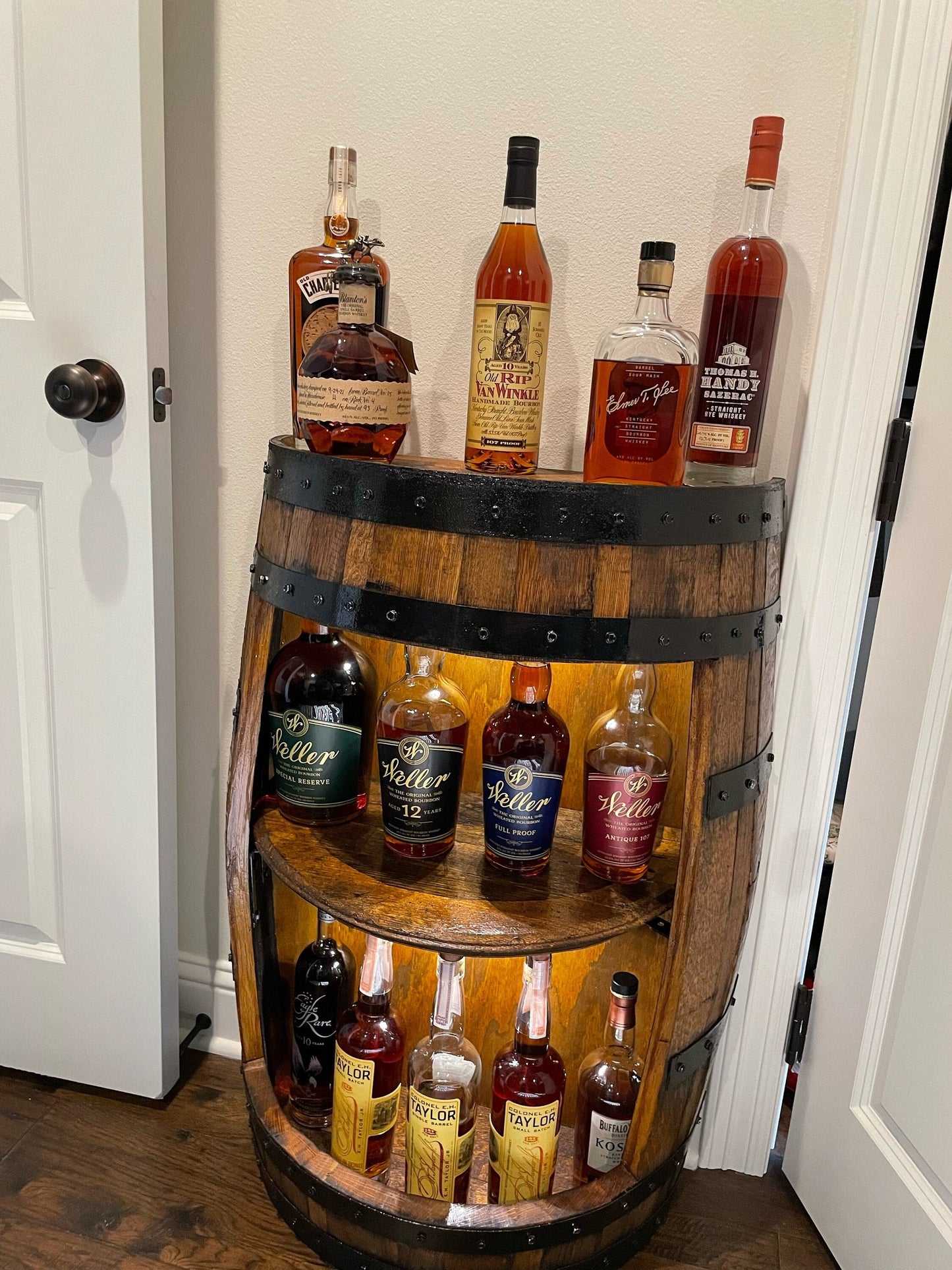 Half Barrel Display, whiskey barrel cabinet, bourbon barrel cabinet,half barrel cabinet