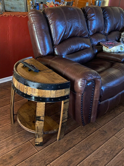 Half whiskey barrel side table, barrel side table, whiskey barrel end table