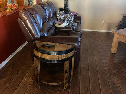 Half whiskey barrel side table, barrel side table, whiskey barrel end table