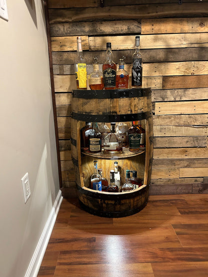 Half Barrel Display, whiskey barrel cabinet, bourbon barrel cabinet,half barrel cabinet