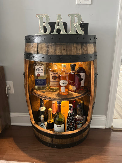 Half Barrel Display, whiskey barrel cabinet, bourbon barrel cabinet,half barrel cabinet