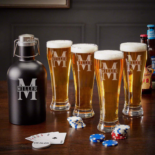 Custom Beer Growler with Pilsner Glasses